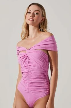 Cornelia Ruched Off Shoulder Bodysuit -Sun Gaia Dresses Shop ACT17694 PINK 3
