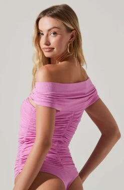Cornelia Ruched Off Shoulder Bodysuit -Sun Gaia Dresses Shop ACT17694 PINK 4