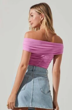 Cornelia Ruched Off Shoulder Bodysuit -Sun Gaia Dresses Shop ACT17694 PINK 5