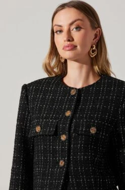 Covina Tweed Cropped Jacket -Sun Gaia Dresses Shop ACT17710T BLACKPLAID 1575 482