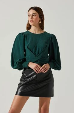 Wrenley Twist Front Puff Sleeve Top -Sun Gaia Dresses Shop ACT17827 HUNTERGREEN 3