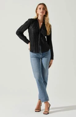 Laurel Satin Pleated Long Sleeve Top -Sun Gaia Dresses Shop ACT17840P BLACK 1