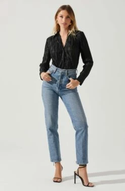 Laurel Satin Pleated Long Sleeve Top -Sun Gaia Dresses Shop ACT17840P BLACK 2