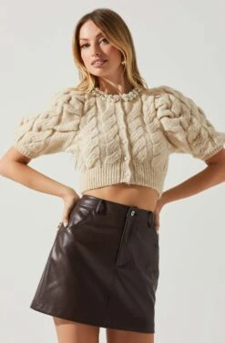 Aitana Pearl Embellished Cable Knit Short Sleeve Sweater -Sun Gaia Dresses Shop ACT17877 CREAM 3