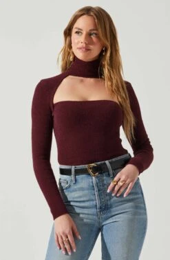 Izabella Turtleneck Cutout Sweater 20 Izabella Turtleneck Cutout Sweater -Sun Gaia Dresses Shop ACT17888 WINE 3