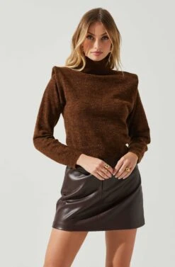 Daleyza Padded Shoulder Turtleneck Sweater 20 Daleyza Padded Shoulder Turtleneck Sweater -Sun Gaia Dresses Shop ACT17899 BROWN 4