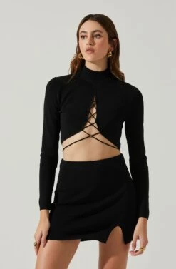 Raven Mock Neck Tie Waist Sweater -Sun Gaia Dresses Shop ACT17903 BLACK 3