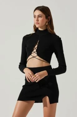 Raven Mock Neck Tie Waist Sweater -Sun Gaia Dresses Shop ACT17903 BLACK 4