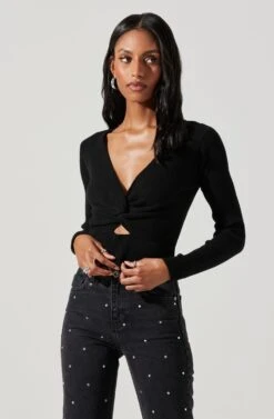 Rylee Twist Front Cutout Sweater -Sun Gaia Dresses Shop ACT17919 BLACK 4