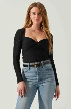 Ren Textured Sweetheart Long Sleeve Top -Sun Gaia Dresses Shop ACT17975 BLACK 4