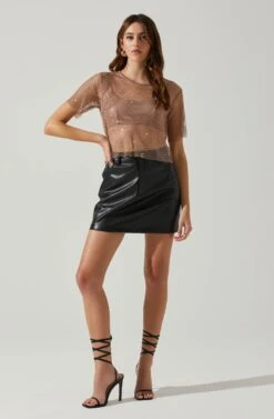 Mckay Rhinestone Mesh Short Sleeve Top 22 Mckay Rhinestone Mesh Short Sleeve Top -Sun Gaia Dresses Shop ACT18042 TAUPE 1