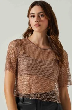 Mckay Rhinestone Mesh Short Sleeve Top 23 Mckay Rhinestone Mesh Short Sleeve Top -Sun Gaia Dresses Shop ACT18042 TAUPE 3