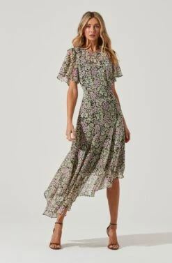Flutter Sleeve Asymmetrical Floral Maxi Dress -Sun Gaia Dresses Shop ADR100436 BLACKDAISYFLORAL 1