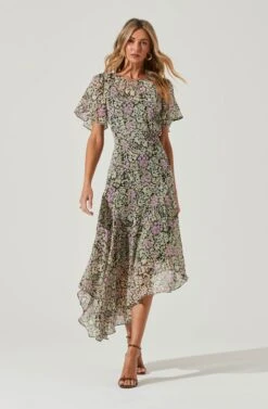 Flutter Sleeve Asymmetrical Floral Maxi Dress -Sun Gaia Dresses Shop ADR100436 BLACKDAISYFLORAL 2