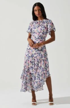 Flutter Sleeve Asymmetrical Floral Maxi Dress -Sun Gaia Dresses Shop ADR100436 PINKBLUEFLORAL 2