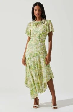 Flutter Sleeve Asymmetrical Floral Maxi Dress -Sun Gaia Dresses Shop ADR100436 YELLOWGREENFLORAL 1