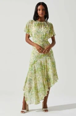 Flutter Sleeve Asymmetrical Floral Maxi Dress -Sun Gaia Dresses Shop ADR100436 YELLOWGREENFLORAL 2