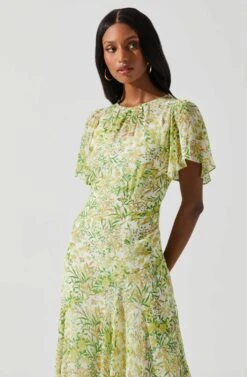 Flutter Sleeve Asymmetrical Floral Maxi Dress -Sun Gaia Dresses Shop ADR100436 YELLOWGREENFLORAL 4