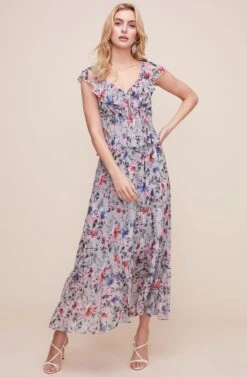 Double V Flutter Floral Midi Dress