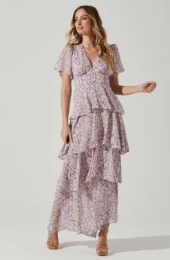 Tayla Floral Tiered Midi Dress -Sun Gaia Dresses Shop ADR100686B PINKLAVENDERFLORAL 1