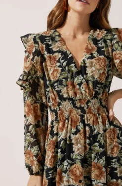 Long Sleeve Ruffle Floral Maxi Dress -Sun Gaia Dresses Shop ADR100757 003 BLACK RUSTFLORAL 2