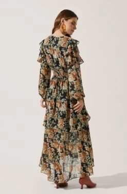 Long Sleeve Ruffle Floral Maxi Dress -Sun Gaia Dresses Shop ADR100757 003 BLACK RUSTFLORAL 4