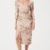 Long Sleeve Ruched Floral Midi -Sun Gaia Dresses Shop ADR100819 BLUSH FLORAL 775