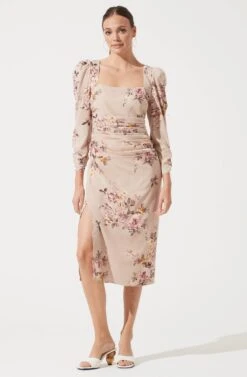 Long Sleeve Ruched Floral Midi