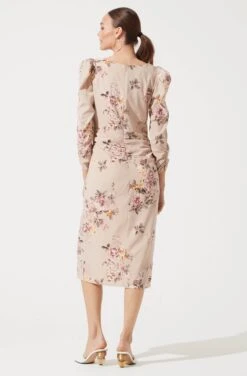 Long Sleeve Ruched Floral Midi -Sun Gaia Dresses Shop ADR100819 BLUSH FLORAL 777