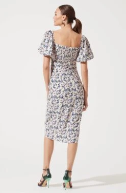 Square Neck Bubble Sleeve Dress -Sun Gaia Dresses Shop ADR100879 CREAM MULTI DITSY 845