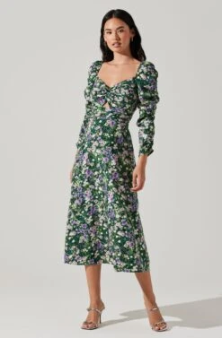 Floral Long Sleeve Twist Keyhole Front Midi Dress -Sun Gaia Dresses Shop ADR100972 GREENPURPLEFLORAL 1