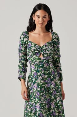 Floral Long Sleeve Twist Keyhole Front Midi Dress -Sun Gaia Dresses Shop ADR100972 GREENPURPLEFLORAL 2