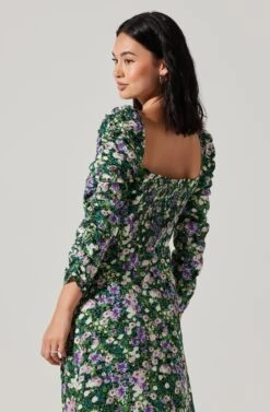 Floral Long Sleeve Twist Keyhole Front Midi Dress -Sun Gaia Dresses Shop ADR100972 GREENPURPLEFLORAL 5