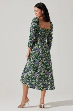 Floral Long Sleeve Twist Keyhole Front Midi Dress -Sun Gaia Dresses Shop ADR100972 GREENPURPLEFLORAL 6