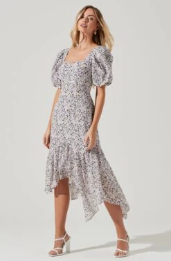 Micaela Floral Puff Sleeve Midi Dress -Sun Gaia Dresses Shop ADR101039B BLACKYELLOWMULTIFLORAL 0598