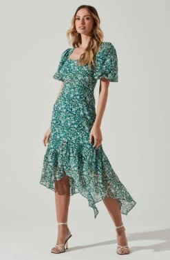 Floral Short Sleeve Asymmetrical Hem Midi Dress -Sun Gaia Dresses Shop ADR101039 GREENMULTI 2