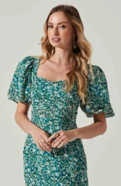 Floral Short Sleeve Asymmetrical Hem Midi Dress -Sun Gaia Dresses Shop ADR101039 GREENMULTI 3