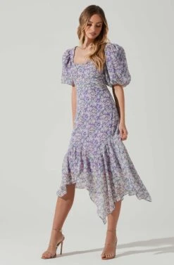 Floral Short Sleeve Asymmetrical Hem Midi Dress -Sun Gaia Dresses Shop ADR101039 PURPLEMULTIFLORAL 2