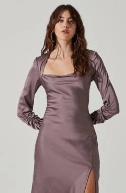 Gracie Long Sleeve Cutout Satin Midi Dress 32 Gracie Long Sleeve Cutout Satin Midi Dress -Sun Gaia Dresses Shop ADR101065 DUSTYMAUVE 0089