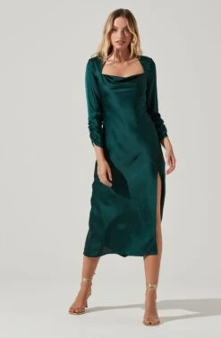Gracie Long Sleeve Cutout Satin Midi Dress 24 Gracie Long Sleeve Cutout Satin Midi Dress -Sun Gaia Dresses Shop ADR101065 HUNTERGREEN 2
