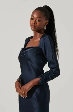 Gracie Long Sleeve Cutout Satin Midi Dress 37 Gracie Long Sleeve Cutout Satin Midi Dress -Sun Gaia Dresses Shop ADR101065 MIDNIGHT 2