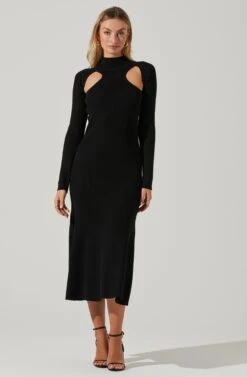Front Cutout Long Sleeve Sweater Midi Dress -Sun Gaia Dresses Shop ADR101079 BLACK 2
