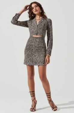 Long Sleeve Center Cutout Shirt Dress -Sun Gaia Dresses Shop ADR101101 BROWNSKETCH 0415