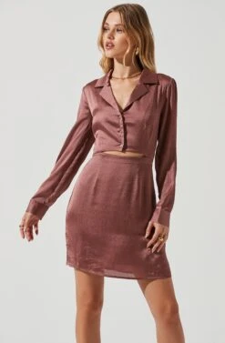 Long Sleeve Center Cutout Shirt Dress -Sun Gaia Dresses Shop ADR101101 MAUVE 1069