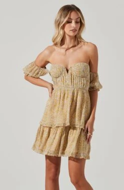 Off Shoulder Two Tier Floral Mini Dress -Sun Gaia Dresses Shop ADR101294 YELLOWMULTIFLORAL 01441
