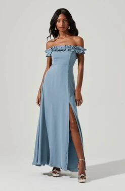 Venetia Off Shoulder Ruffle Trim Maxi Dress -Sun Gaia Dresses Shop ADR101300 STEELBLUE 1