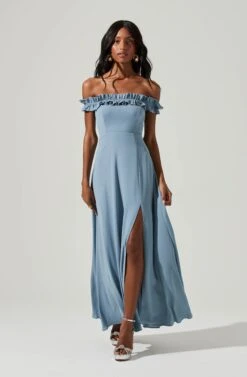 Venetia Off Shoulder Ruffle Trim Maxi Dress -Sun Gaia Dresses Shop ADR101300 STEELBLUE 2