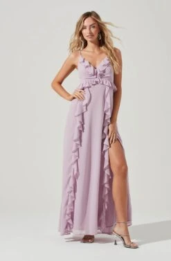 Adoria Ruffle Side Slit Maxi Dress 40 Adoria Ruffle Side Slit Maxi Dress -Sun Gaia Dresses Shop ADR101328 DUSTYPINK 0073