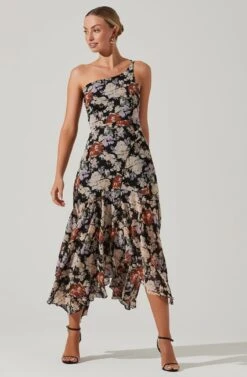 Emmylou Floral One Shoulder Midi Dress -Sun Gaia Dresses Shop ADR101528 BLACKFLORAL 1