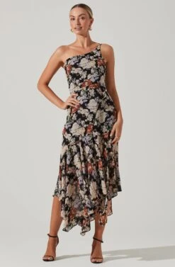 Emmylou Floral One Shoulder Midi Dress -Sun Gaia Dresses Shop ADR101528 BLACKFLORAL 2